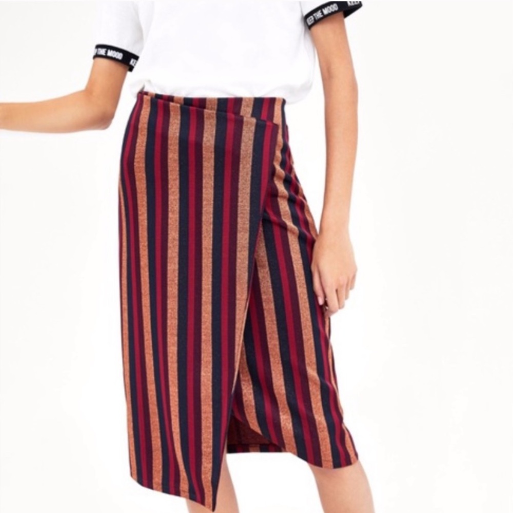 Zara Trafaluc Asymmetrical shimmer stripe skirt